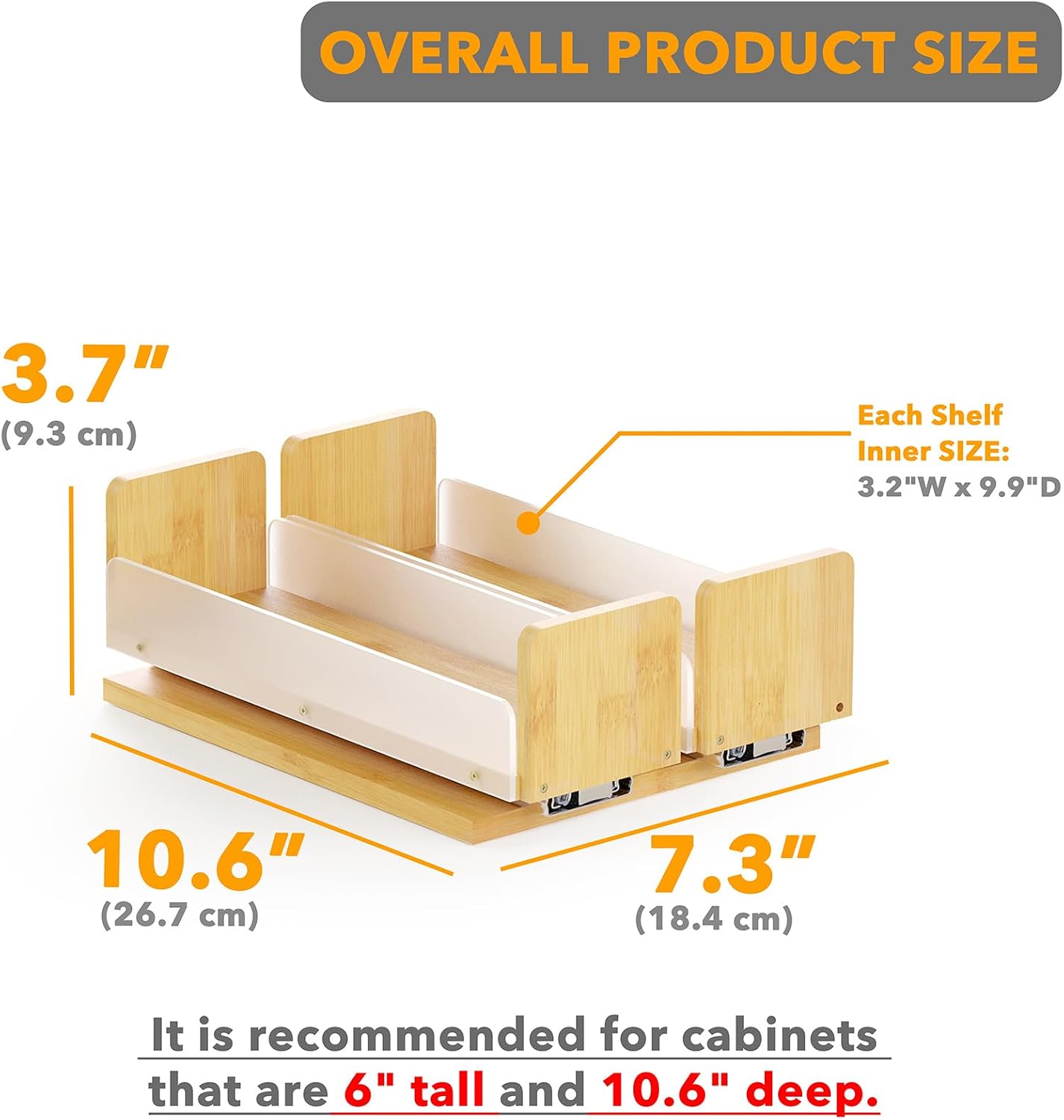 Bamboo Pull Out Spice Rack Organizer for Cabinet, Heavy Duty Slide Out Seasoning Kitchen Pantry Sliding Vertical Organization, 7.6" Wide, 3 Drawers(2" Wide), 2-Tier, Natural