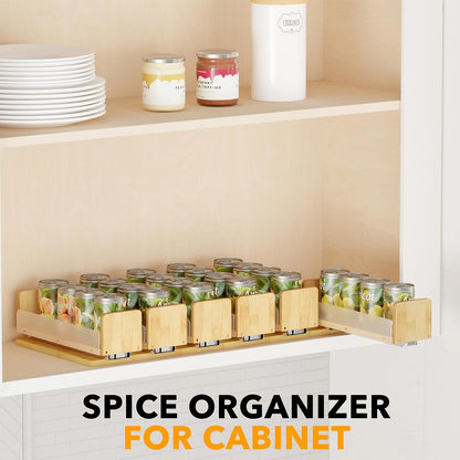 Bamboo Pull Out Spice Rack Organizer for Cabinet, Heavy Duty Slide Out Seasoning Kitchen Pantry Sliding Vertical Organization, 7.6" Wide, 3 Drawers(2" Wide), 2-Tier, Natural