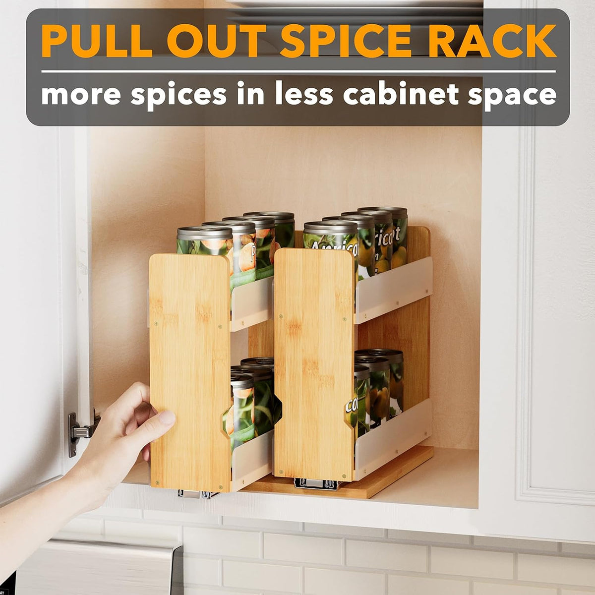 Bamboo Pull Out Spice Rack Organizer for Cabinet, Heavy Duty Slide Out Seasoning Kitchen Pantry Sliding Vertical Organization, 7.6" Wide, 3 Drawers(2" Wide), 2-Tier, Natural