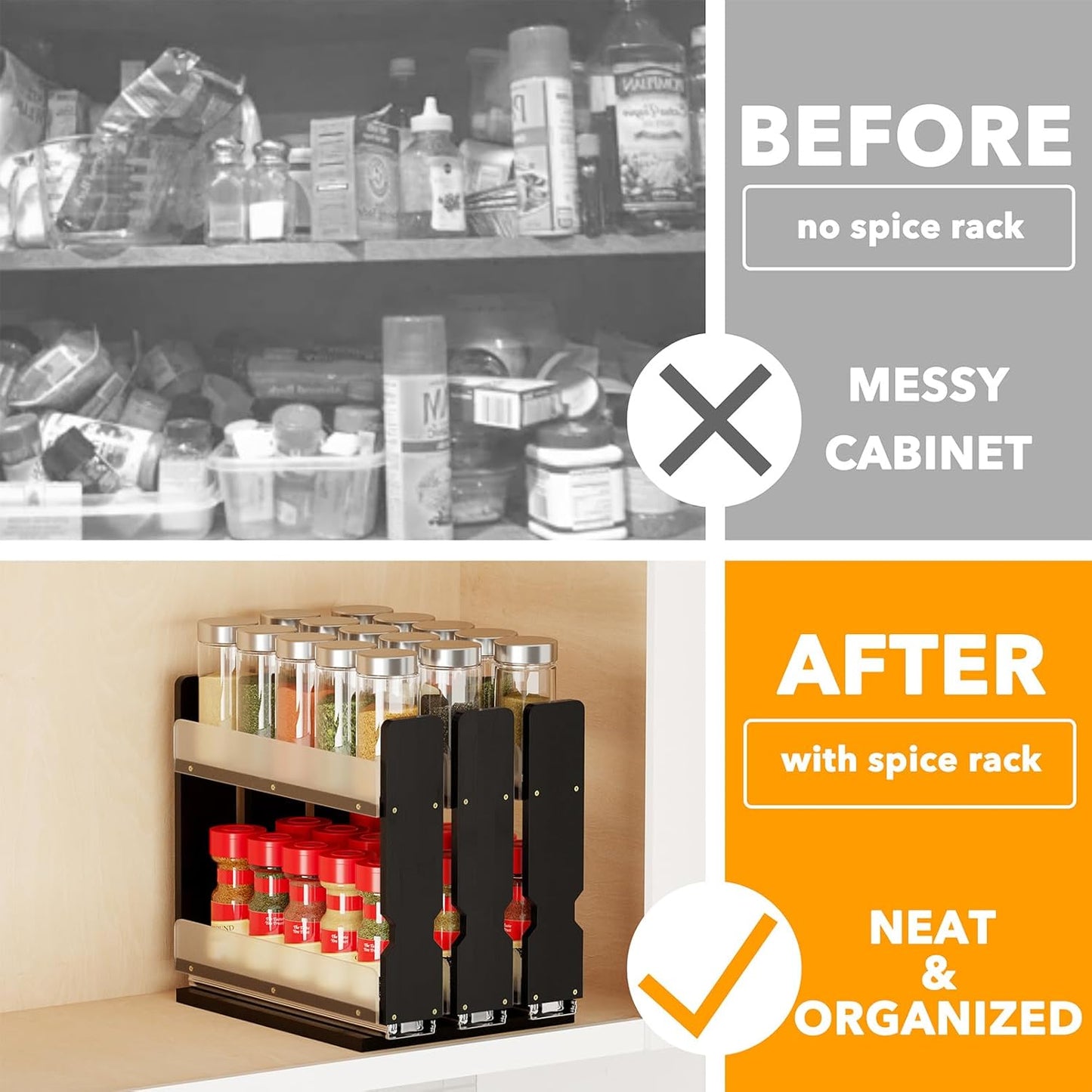 Bamboo Pull Out Spice Rack Organizer for Cabinet, Heavy Duty Slide Out Seasoning Kitchen Pantry Sliding Vertical Organization, 7.6" Wide, 3 Drawers(2" Wide), 2-Tier, Natural