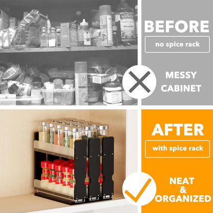 Bamboo Pull Out Spice Rack Organizer for Cabinet, Heavy Duty Slide Out Seasoning Kitchen Pantry Sliding Vertical Organization, 7.6" Wide, 3 Drawers(2" Wide), 2-Tier, Natural