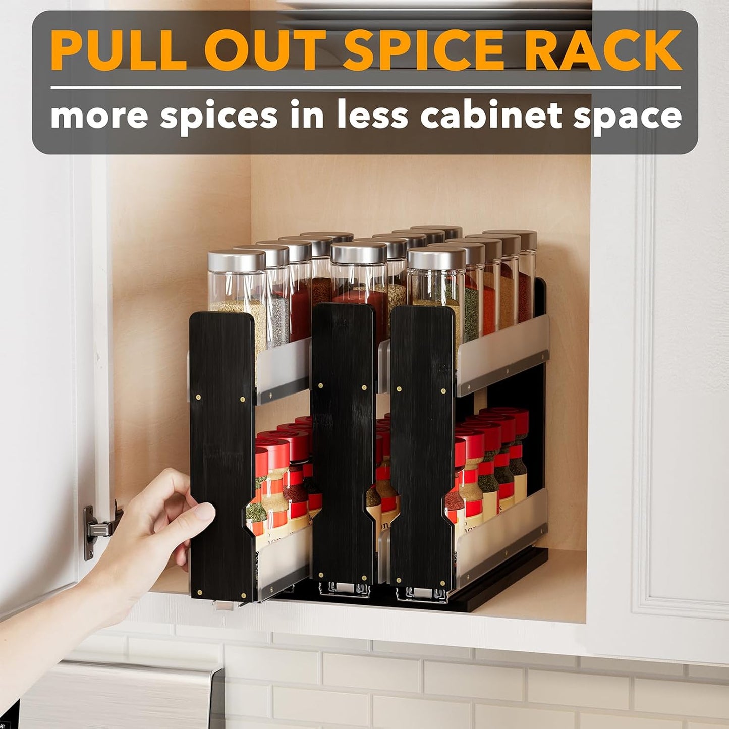 Bamboo Pull Out Spice Rack Organizer for Cabinet, Heavy Duty Slide Out Seasoning Kitchen Pantry Sliding Vertical Organization, 7.6" Wide, 3 Drawers(2" Wide), 2-Tier, Natural