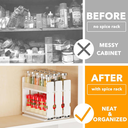 Bamboo Pull Out Spice Rack Organizer for Cabinet, Heavy Duty Slide Out Seasoning Kitchen Pantry Sliding Vertical Organization, 7.6" Wide, 3 Drawers(2" Wide), 2-Tier, Natural