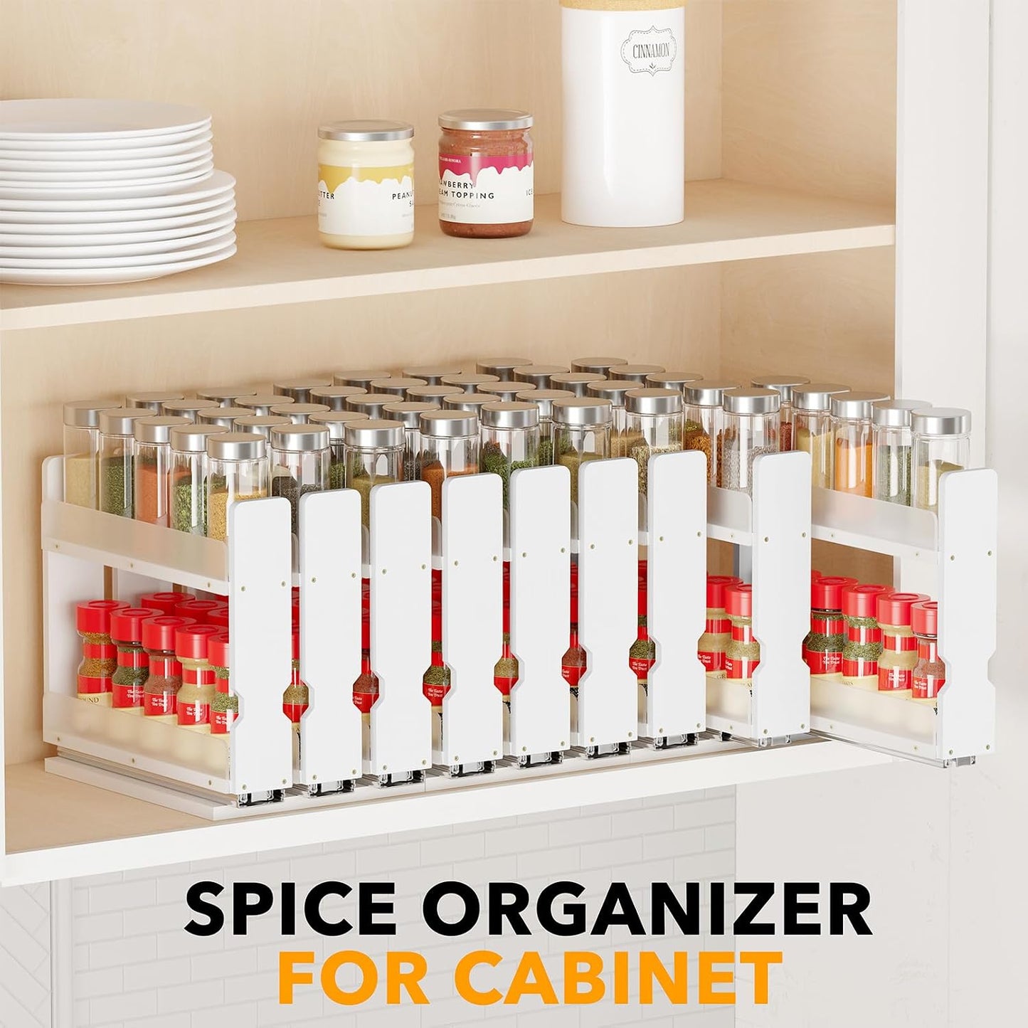 Bamboo Pull Out Spice Rack Organizer for Cabinet, Heavy Duty Slide Out Seasoning Kitchen Pantry Sliding Vertical Organization, 7.6" Wide, 3 Drawers(2" Wide), 2-Tier, Natural