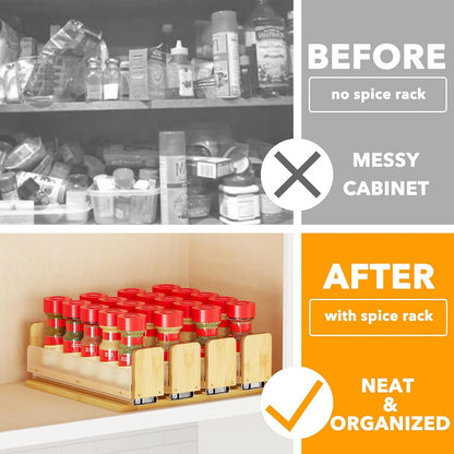Bamboo Pull Out Spice Rack Organizer for Cabinet, Heavy Duty Slide Out Seasoning Kitchen Pantry Sliding Vertical Organization, 7.6" Wide, 3 Drawers(2" Wide), 2-Tier, Natural