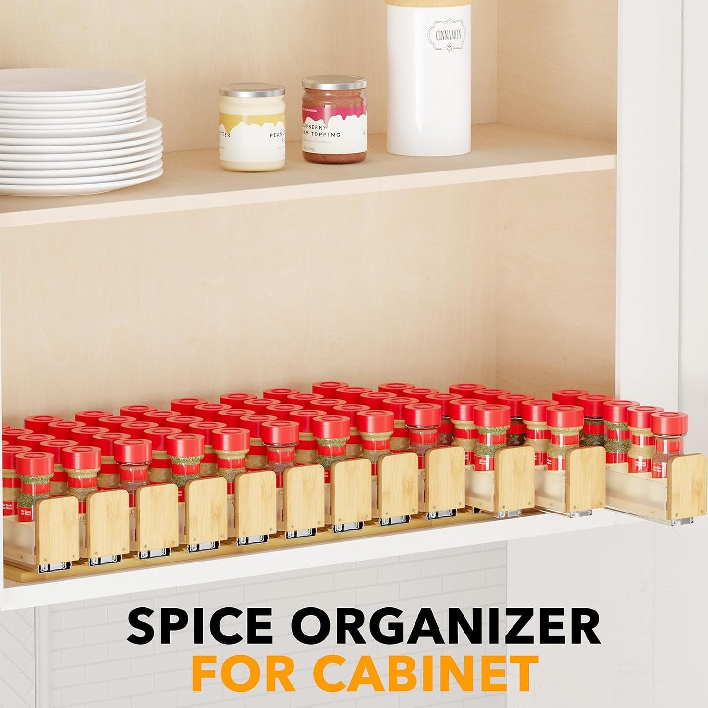 Bamboo Pull Out Spice Rack Organizer for Cabinet, Heavy Duty Slide Out Seasoning Kitchen Pantry Sliding Vertical Organization, 7.6" Wide, 3 Drawers(2" Wide), 2-Tier, Natural