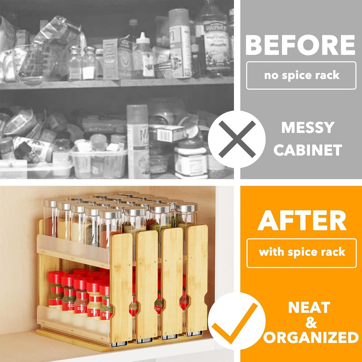 Bamboo Pull Out Spice Rack Organizer for Cabinet, Heavy Duty Slide Out Seasoning Kitchen Pantry Sliding Vertical Organization, 7.6" Wide, 3 Drawers(2" Wide), 2-Tier, Natural