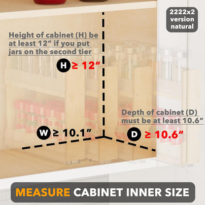Bamboo Pull Out Spice Rack Organizer for Cabinet, Heavy Duty Slide Out Seasoning Kitchen Pantry Sliding Vertical Organization, 7.6" Wide, 3 Drawers(2" Wide), 2-Tier, Natural