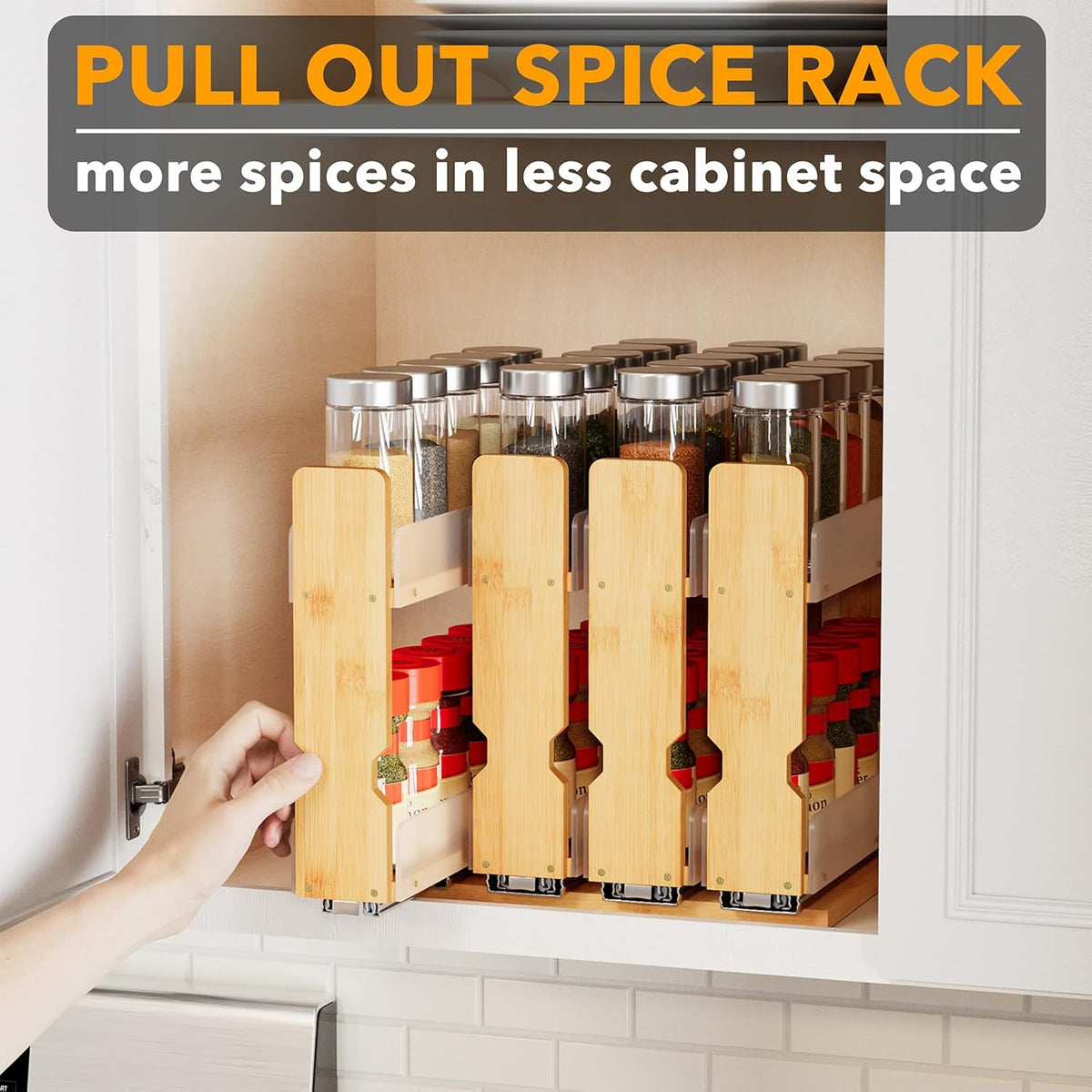 Bamboo Pull Out Spice Rack Organizer for Cabinet, Heavy Duty Slide Out Seasoning Kitchen Pantry Sliding Vertical Organization, 7.6" Wide, 3 Drawers(2" Wide), 2-Tier, Natural