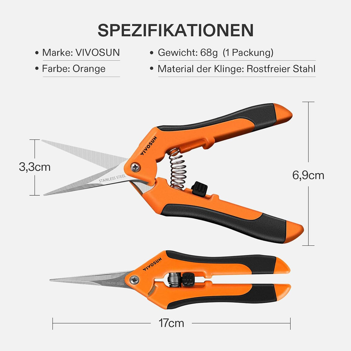 6.5 Inch Gardening Scissors Hand Pruner Pruning Shear with Straight Stainless Steel Blades Orange