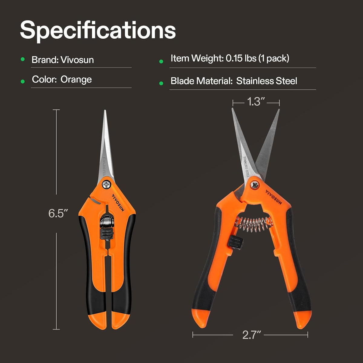6.5 Inch Gardening Scissors Hand Pruner Pruning Shear with Straight Stainless Steel Blades Orange