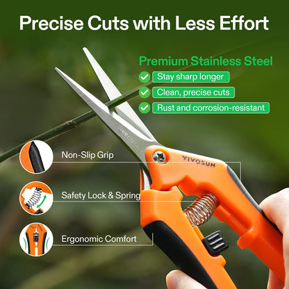 6.5 Inch Gardening Scissors Hand Pruner Pruning Shear with Straight Stainless Steel Blades Orange