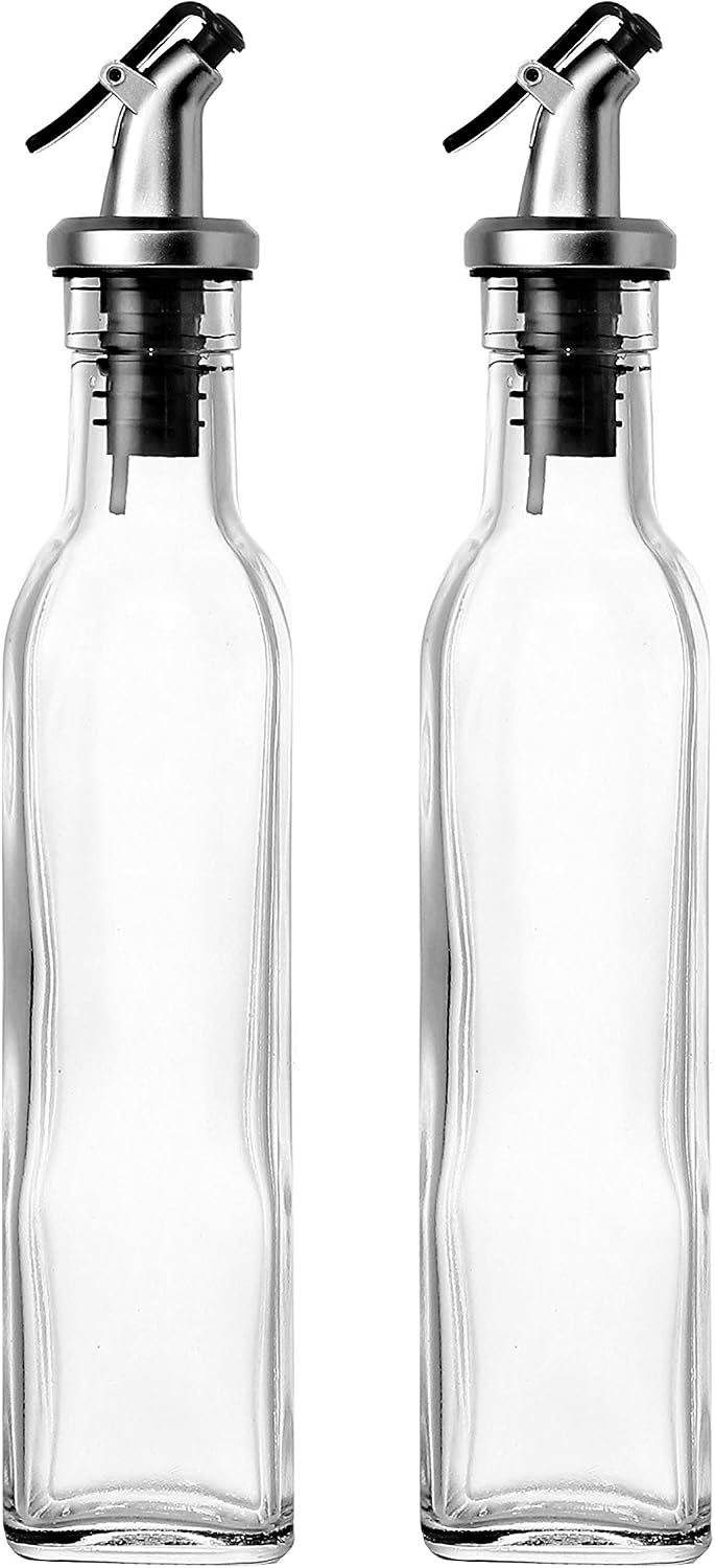 Olive Oil Dispenser Bottle Set - 2 Pack, 8.5 oz (250 mL), Clear Glass - Oil & Vinegar Dispenser Cruets with No-Leak Pour Spouts - Dishwasher Safe Kitchen Accessory