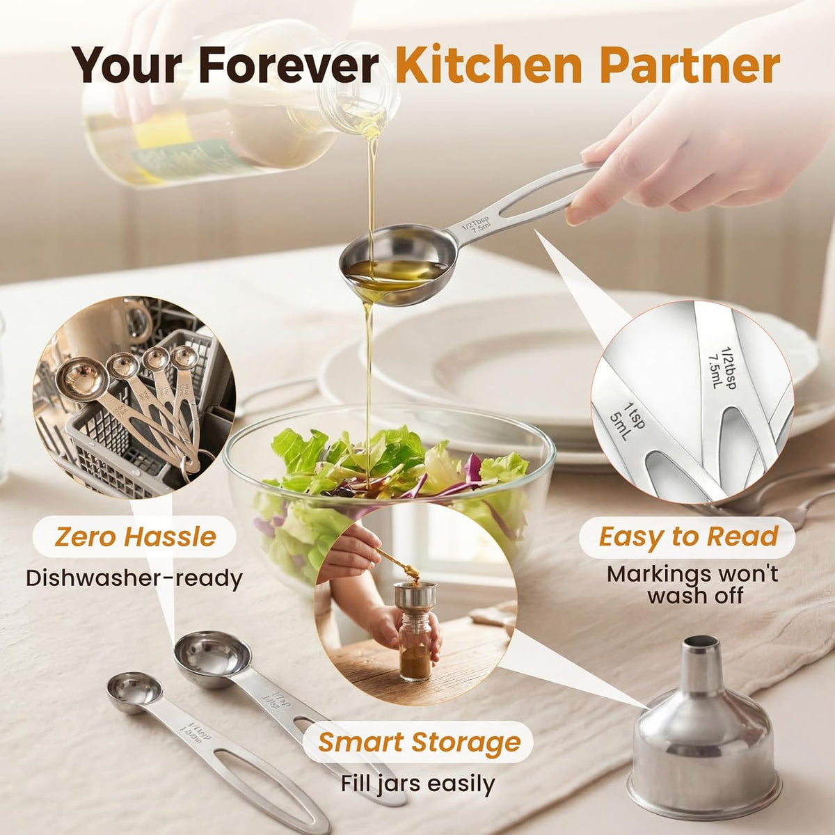 13PCS Stainless Steel Measuring Cups and Spoons Set with Funnel, Stackable Metal Measuring Cup and Spoon Set for Baking Cooking, Dishwasher Safe Kitchen Tools with for Dry & Liquid Ingredients