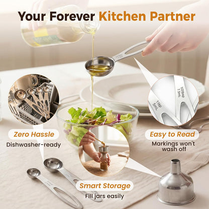 13PCS Stainless Steel Measuring Cups and Spoons Set with Funnel, Stackable Metal Measuring Cup and Spoon Set for Baking Cooking, Dishwasher Safe Kitchen Tools with for Dry & Liquid Ingredients