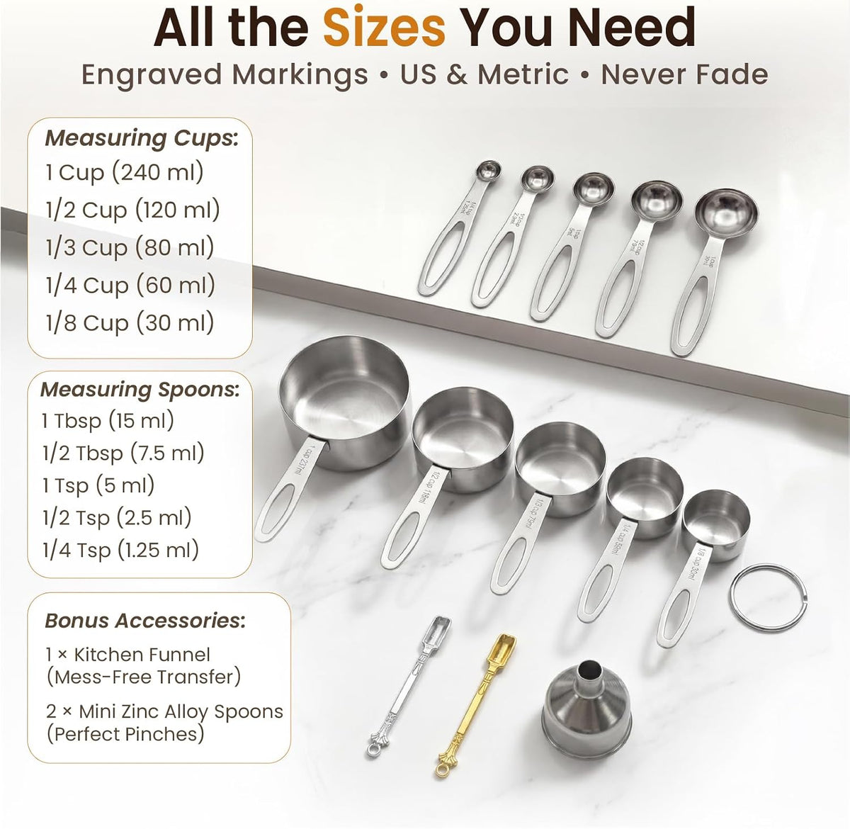 13PCS Stainless Steel Measuring Cups and Spoons Set with Funnel, Stackable Metal Measuring Cup and Spoon Set for Baking Cooking, Dishwasher Safe Kitchen Tools with for Dry & Liquid Ingredients