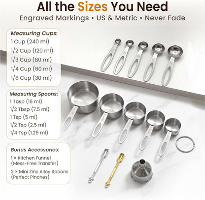13PCS Stainless Steel Measuring Cups and Spoons Set with Funnel, Stackable Metal Measuring Cup and Spoon Set for Baking Cooking, Dishwasher Safe Kitchen Tools with for Dry & Liquid Ingredients