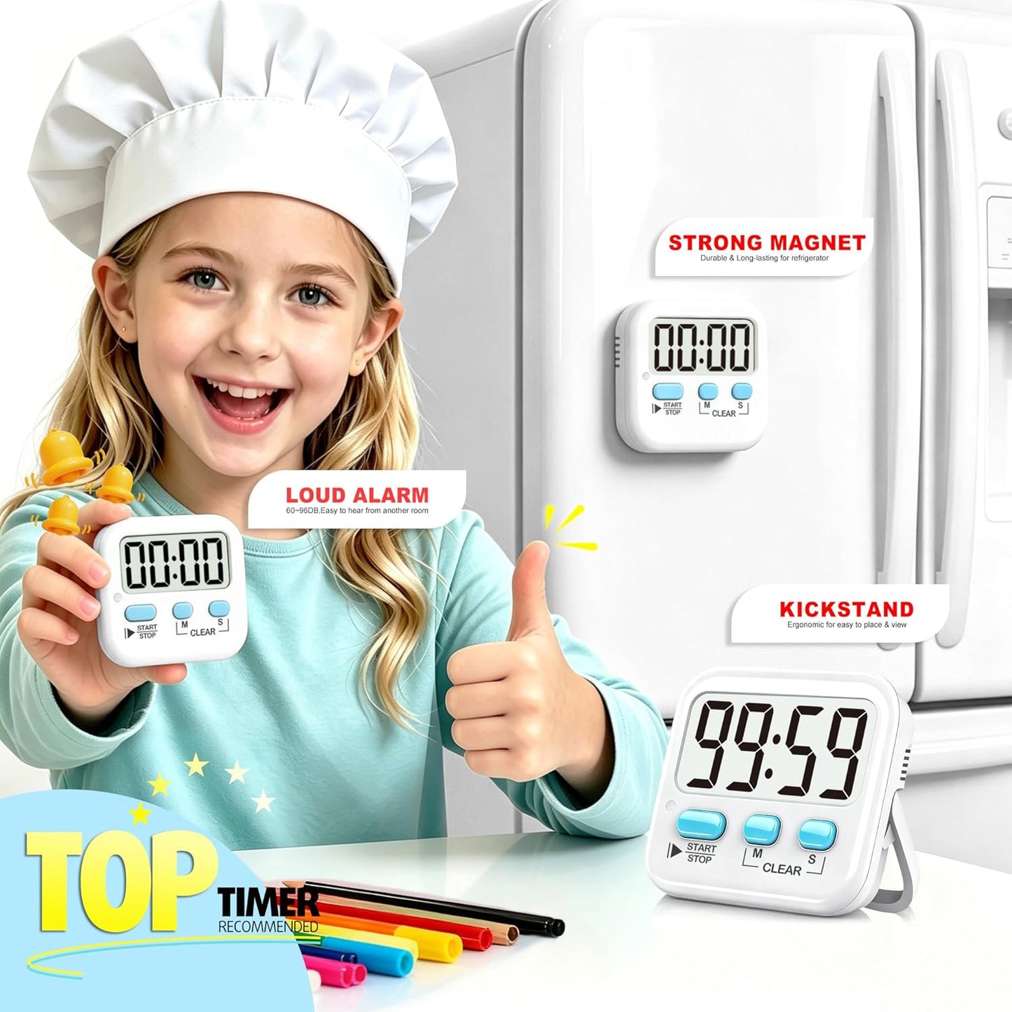 2 Pack Digital Timer for Kids Classroom Kitchen Timers for Cooking | Compact, Easy to View, Alarm/Mute LED Remind, Count Down/Up, Magnetic/Kickstand/Hanging, Classroom Timer for Teacher Supplies