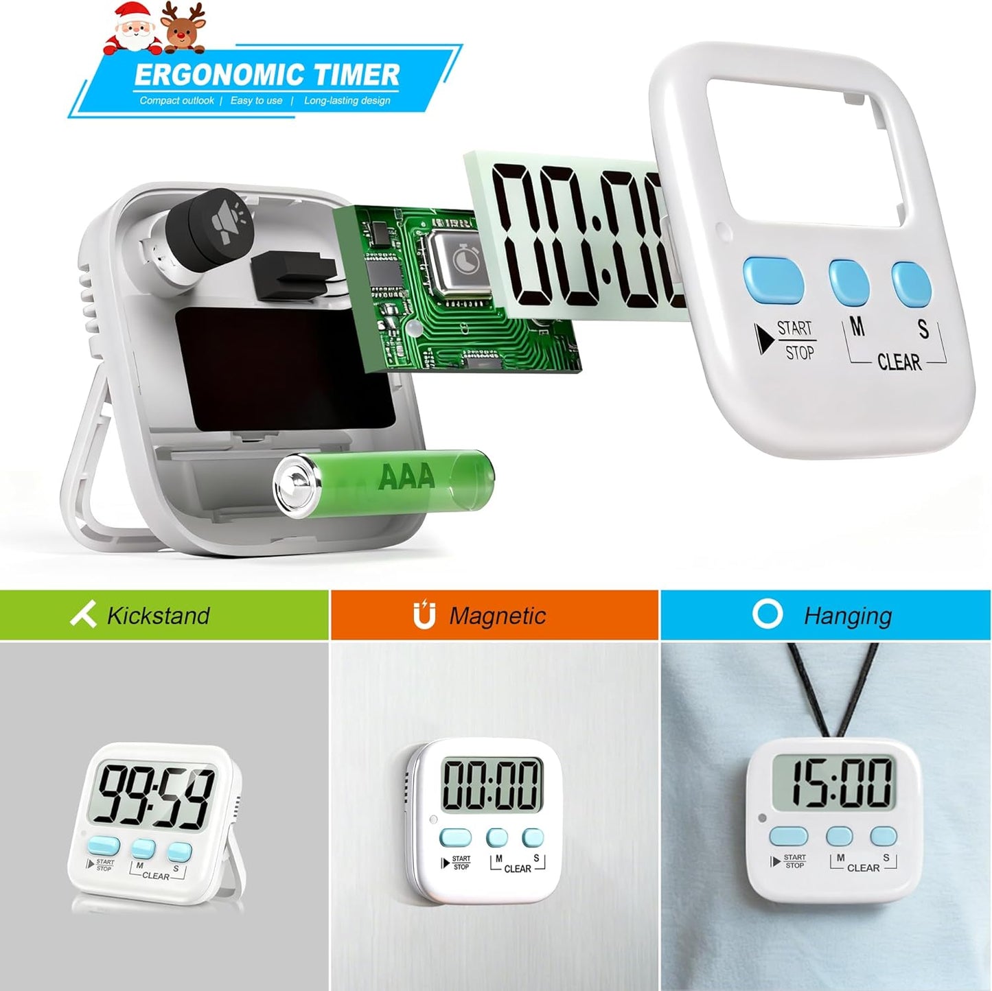 2 Pack Digital Timer for Kids Classroom Kitchen Timers for Cooking | Compact, Easy to View, Alarm/Mute LED Remind, Count Down/Up, Magnetic/Kickstand/Hanging, Classroom Timer for Teacher Supplies