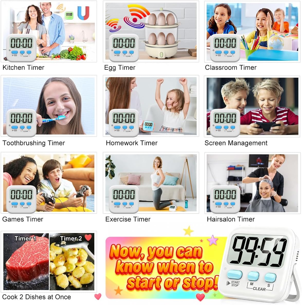 2 Pack Digital Timer for Kids Classroom Kitchen Timers for Cooking | Compact, Easy to View, Alarm/Mute LED Remind, Count Down/Up, Magnetic/Kickstand/Hanging, Classroom Timer for Teacher Supplies