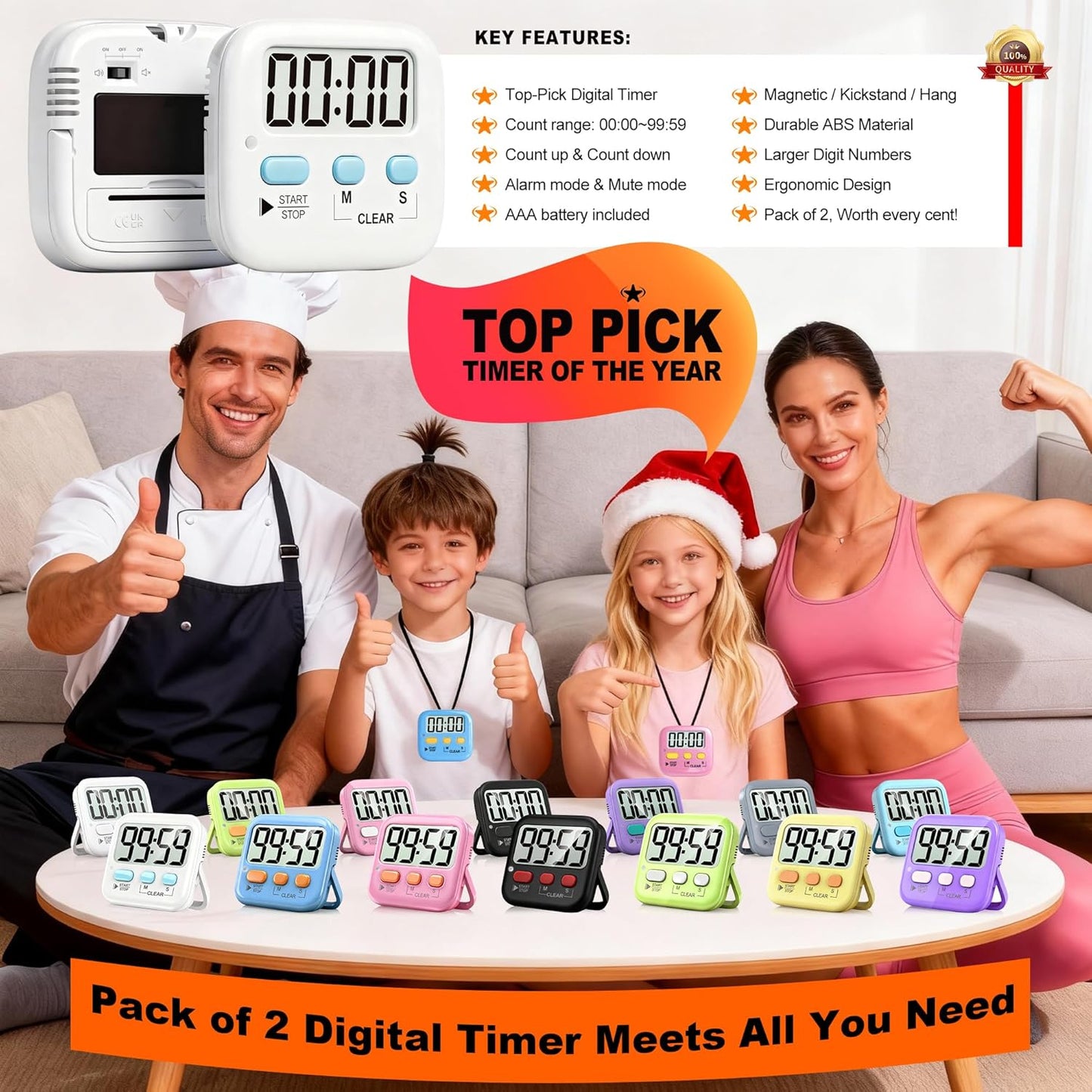 2 Pack Digital Timer for Kids Classroom Kitchen Timers for Cooking | Compact, Easy to View, Alarm/Mute LED Remind, Count Down/Up, Magnetic/Kickstand/Hanging, Classroom Timer for Teacher Supplies