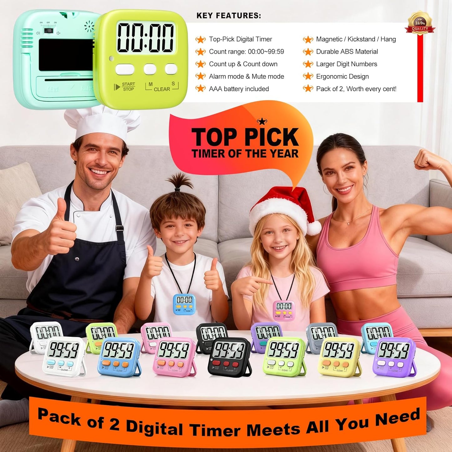 2 Pack Digital Timer for Kids Classroom Kitchen Timers for Cooking | Compact, Easy to View, Alarm/Mute LED Remind, Count Down/Up, Magnetic/Kickstand/Hanging, Classroom Timer for Teacher Supplies