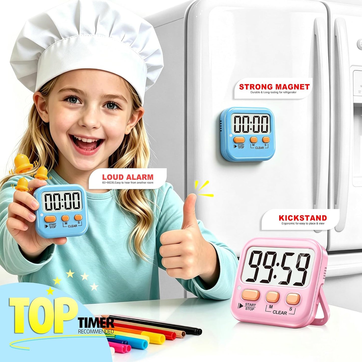 2 Pack Digital Timer for Kids Classroom Kitchen Timers for Cooking | Compact, Easy to View, Alarm/Mute LED Remind, Count Down/Up, Magnetic/Kickstand/Hanging, Classroom Timer for Teacher Supplies