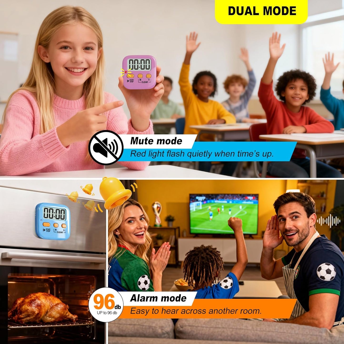2 Pack Digital Timer for Kids Classroom Kitchen Timers for Cooking | Compact, Easy to View, Alarm/Mute LED Remind, Count Down/Up, Magnetic/Kickstand/Hanging, Classroom Timer for Teacher Supplies