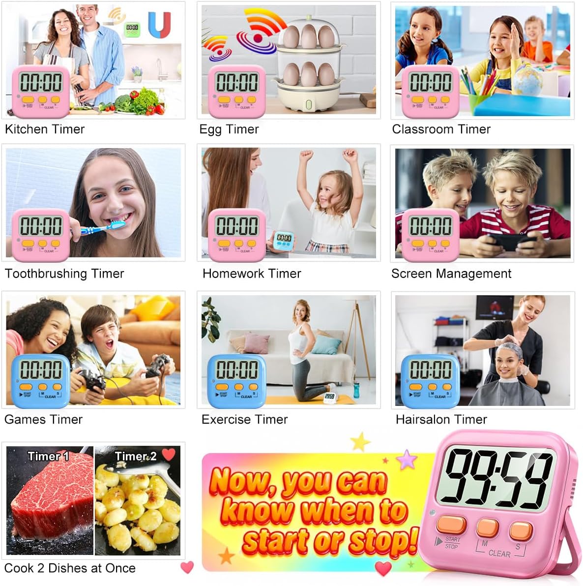 2 Pack Digital Timer for Kids Classroom Kitchen Timers for Cooking | Compact, Easy to View, Alarm/Mute LED Remind, Count Down/Up, Magnetic/Kickstand/Hanging, Classroom Timer for Teacher Supplies