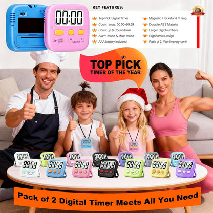 2 Pack Digital Timer for Kids Classroom Kitchen Timers for Cooking | Compact, Easy to View, Alarm/Mute LED Remind, Count Down/Up, Magnetic/Kickstand/Hanging, Classroom Timer for Teacher Supplies