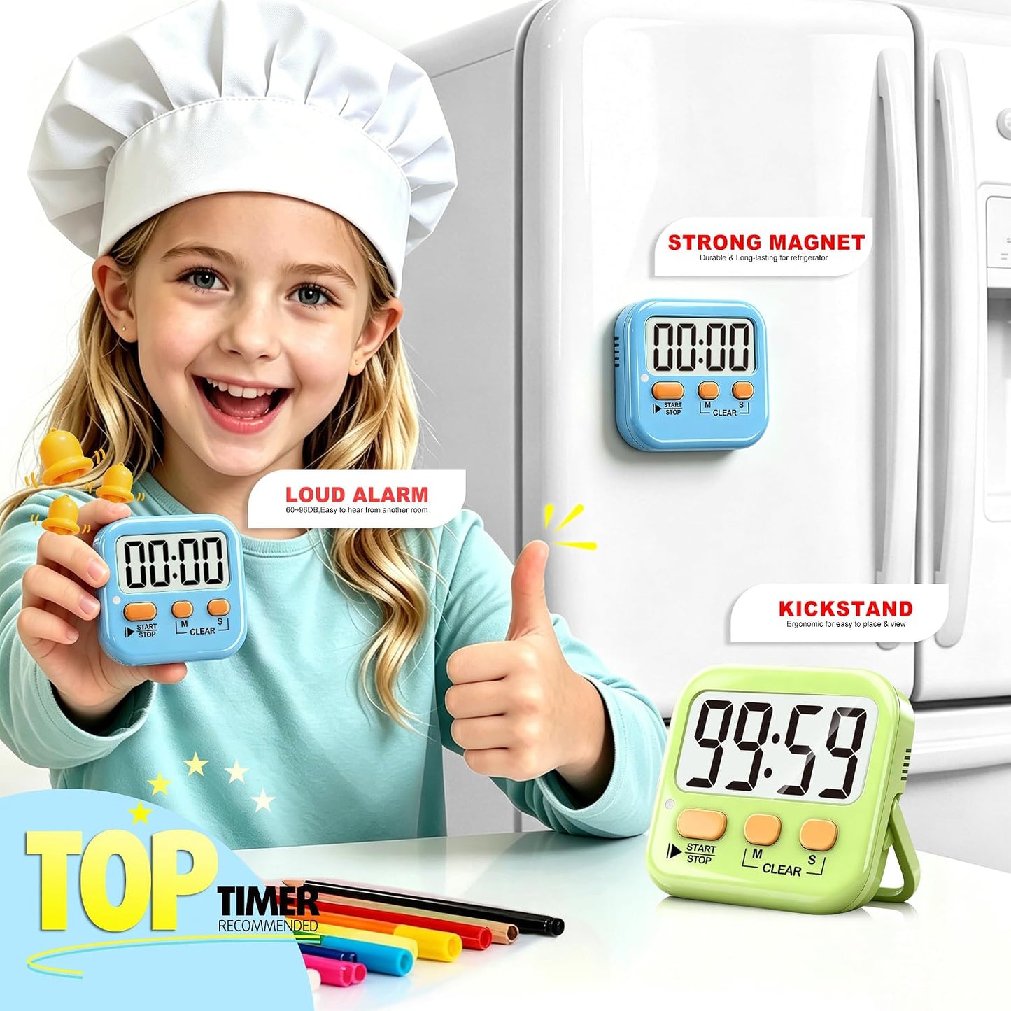 2 Pack Digital Timer for Kids Classroom Kitchen Timers for Cooking | Compact, Easy to View, Alarm/Mute LED Remind, Count Down/Up, Magnetic/Kickstand/Hanging, Classroom Timer for Teacher Supplies