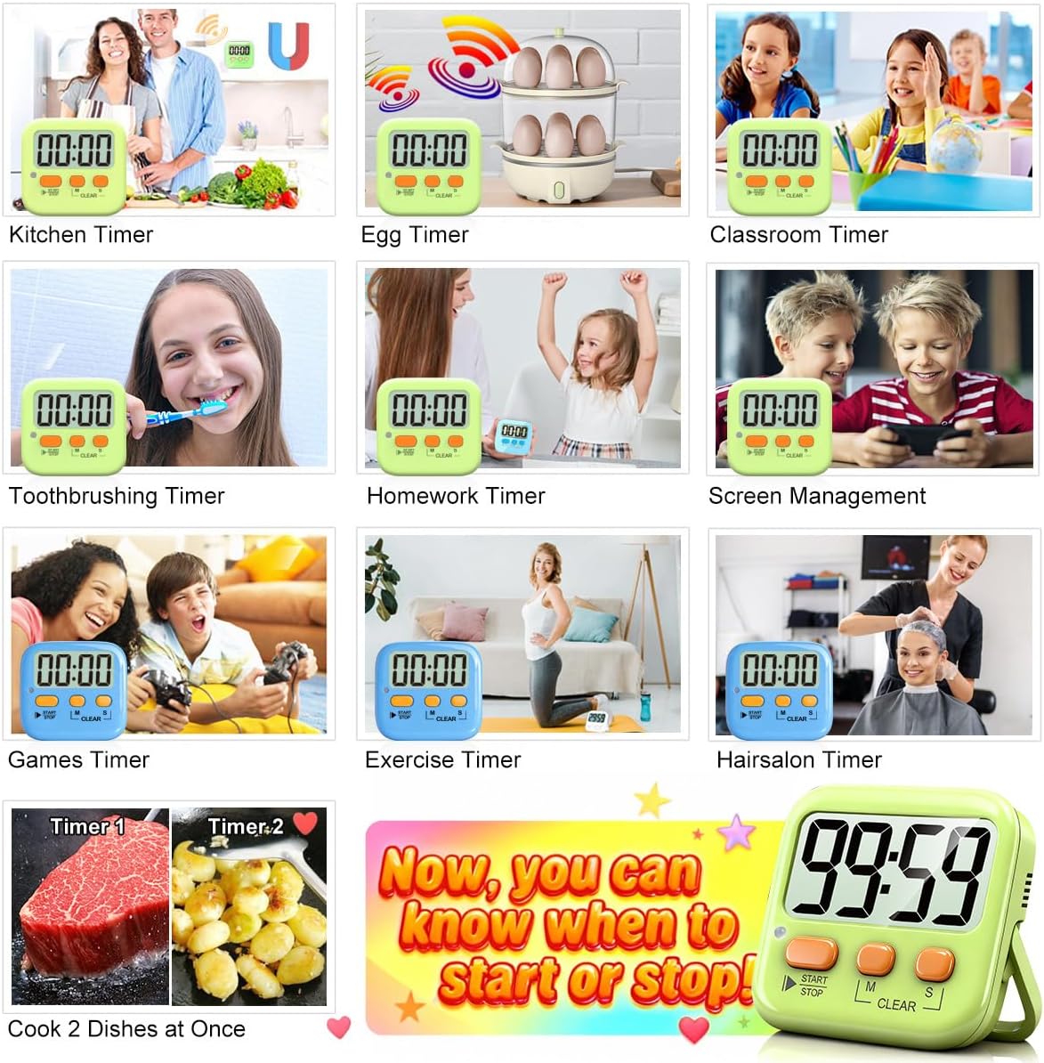 2 Pack Digital Timer for Kids Classroom Kitchen Timers for Cooking | Compact, Easy to View, Alarm/Mute LED Remind, Count Down/Up, Magnetic/Kickstand/Hanging, Classroom Timer for Teacher Supplies