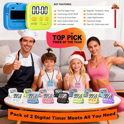 2 Pack Digital Timer for Kids Classroom Kitchen Timers for Cooking | Compact, Easy to View, Alarm/Mute LED Remind, Count Down/Up, Magnetic/Kickstand/Hanging, Classroom Timer for Teacher Supplies