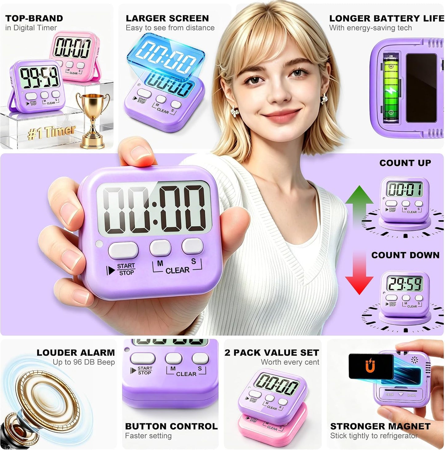 2 Pack Digital Timer for Kids Classroom Kitchen Timers for Cooking | Compact, Easy to View, Alarm/Mute LED Remind, Count Down/Up, Magnetic/Kickstand/Hanging, Classroom Timer for Teacher Supplies
