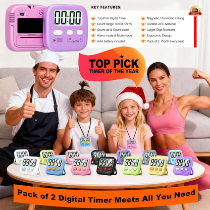 2 Pack Digital Timer for Kids Classroom Kitchen Timers for Cooking | Compact, Easy to View, Alarm/Mute LED Remind, Count Down/Up, Magnetic/Kickstand/Hanging, Classroom Timer for Teacher Supplies