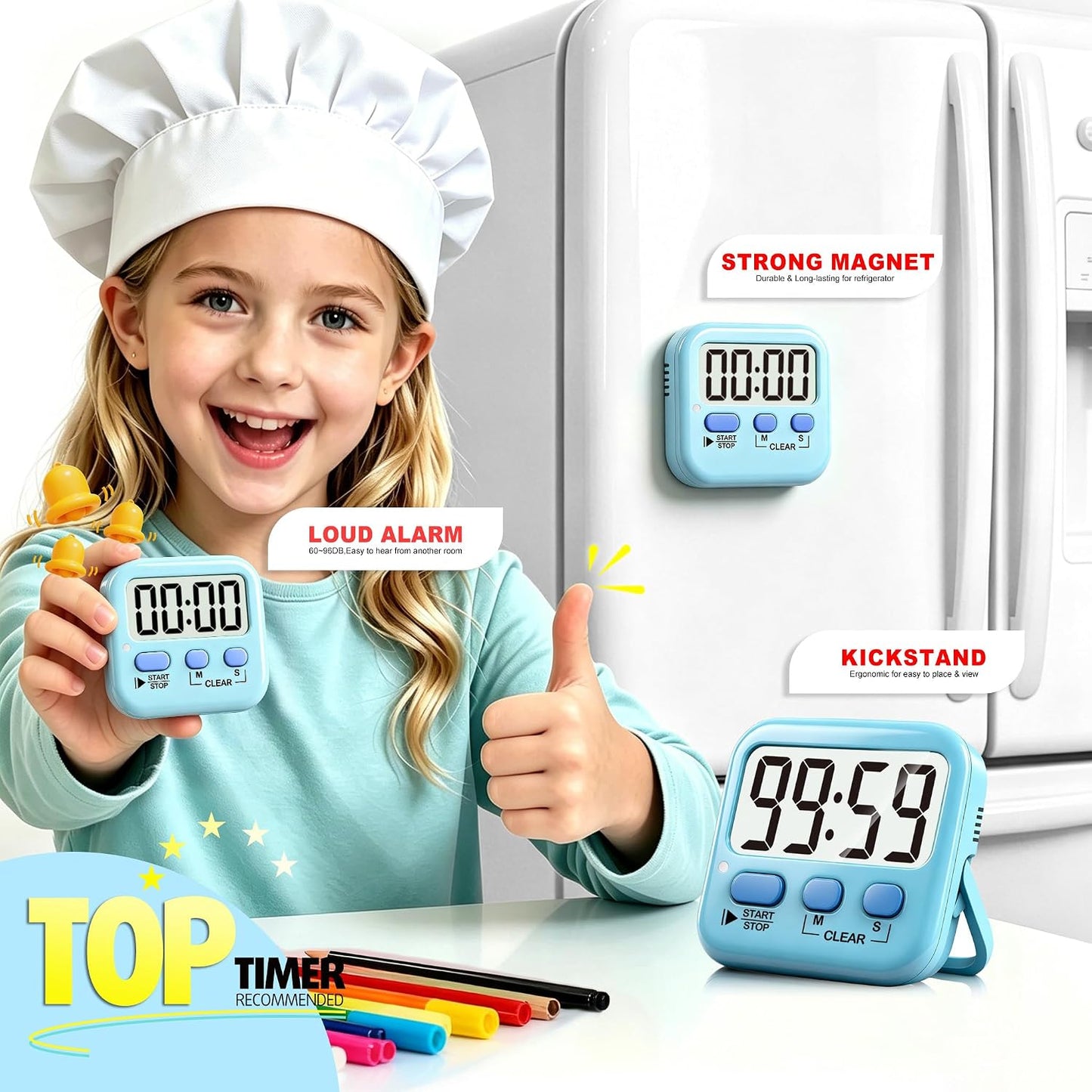 2 Pack Digital Timer for Kids Classroom Kitchen Timers for Cooking | Compact, Easy to View, Alarm/Mute LED Remind, Count Down/Up, Magnetic/Kickstand/Hanging, Classroom Timer for Teacher Supplies