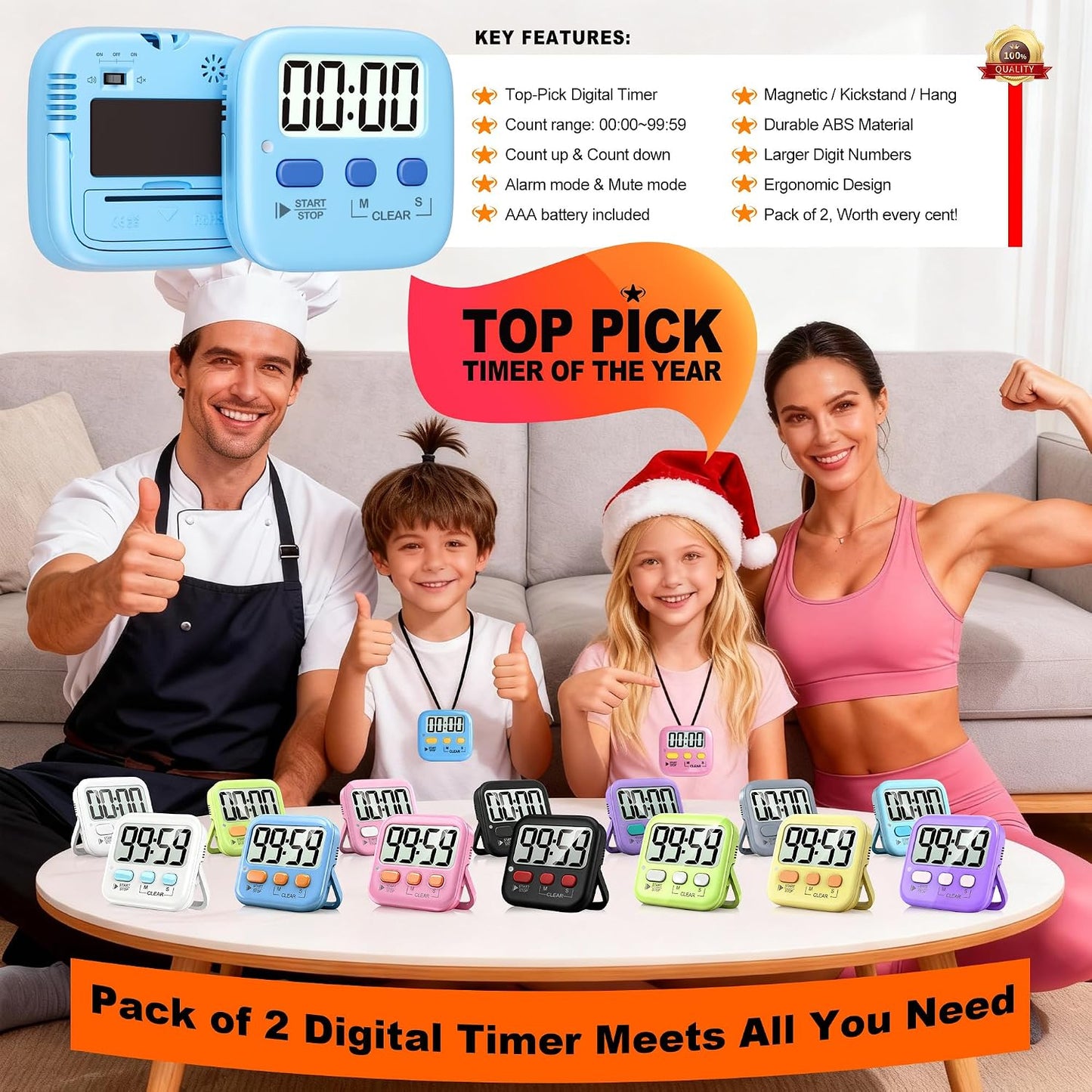 2 Pack Digital Timer for Kids Classroom Kitchen Timers for Cooking | Compact, Easy to View, Alarm/Mute LED Remind, Count Down/Up, Magnetic/Kickstand/Hanging, Classroom Timer for Teacher Supplies