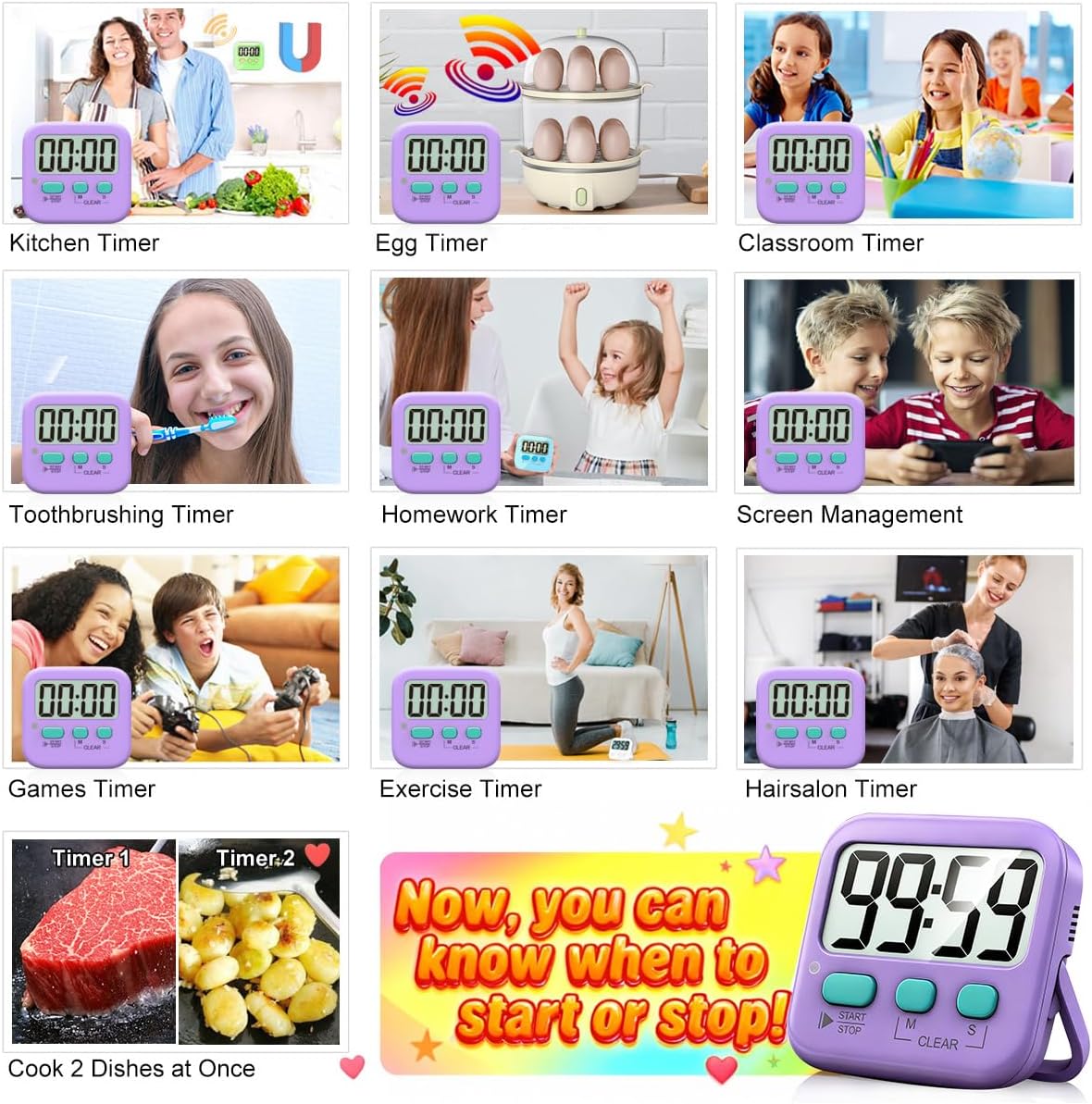 2 Pack Digital Timer for Kids Classroom Kitchen Timers for Cooking | Compact, Easy to View, Alarm/Mute LED Remind, Count Down/Up, Magnetic/Kickstand/Hanging, Classroom Timer for Teacher Supplies