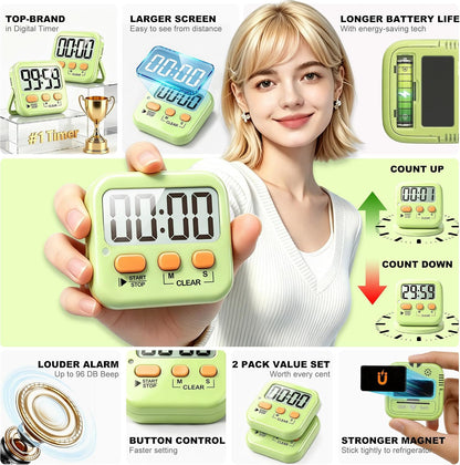 2 Pack Digital Timer for Kids Classroom Kitchen Timers for Cooking | Compact, Easy to View, Alarm/Mute LED Remind, Count Down/Up, Magnetic/Kickstand/Hanging, Classroom Timer for Teacher Supplies
