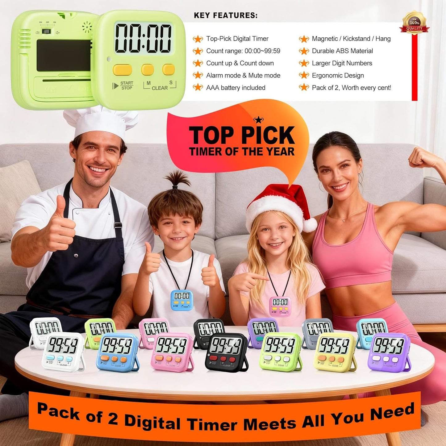 2 Pack Digital Timer for Kids Classroom Kitchen Timers for Cooking | Compact, Easy to View, Alarm/Mute LED Remind, Count Down/Up, Magnetic/Kickstand/Hanging, Classroom Timer for Teacher Supplies