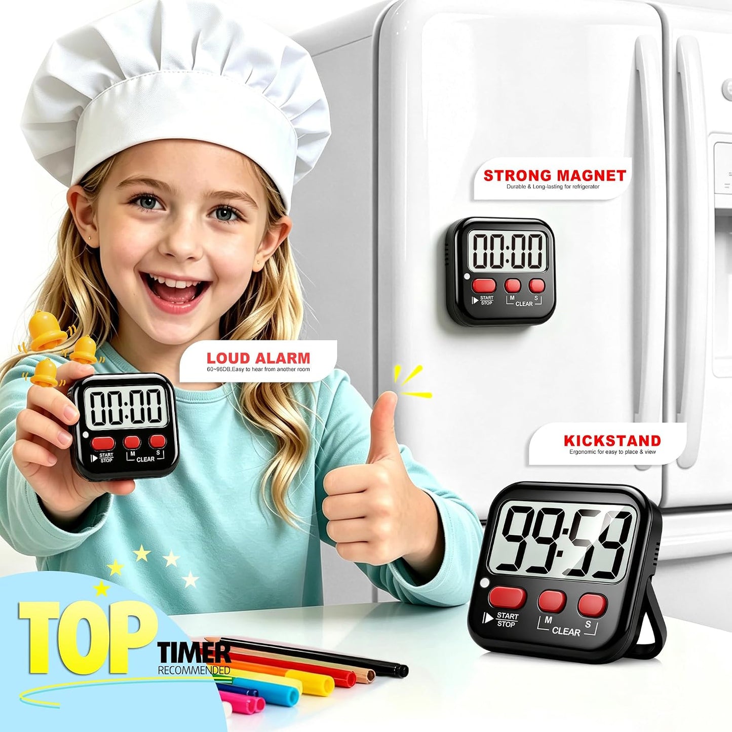 2 Pack Digital Timer for Kids Classroom Kitchen Timers for Cooking | Compact, Easy to View, Alarm/Mute LED Remind, Count Down/Up, Magnetic/Kickstand/Hanging, Classroom Timer for Teacher Supplies