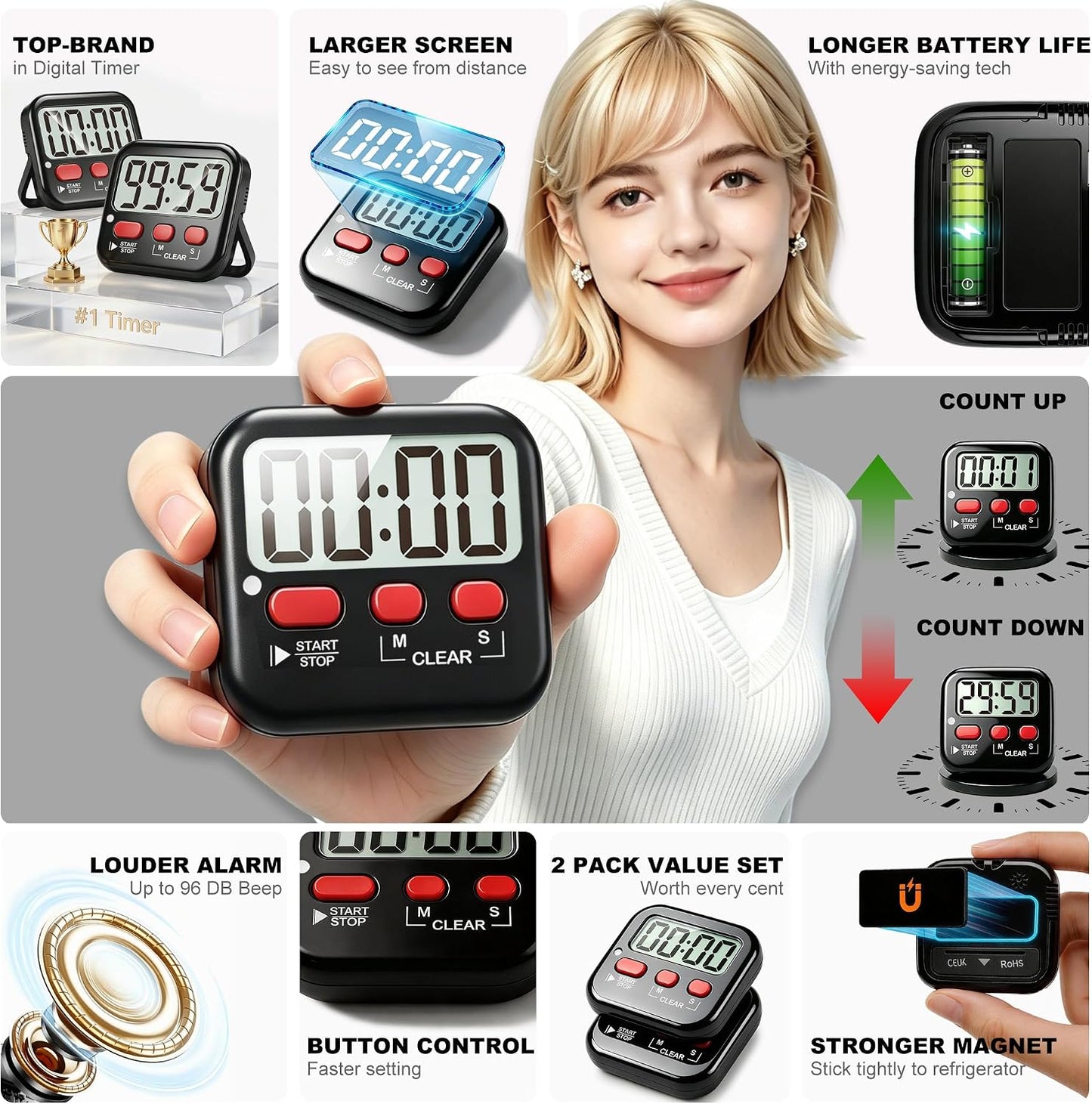 2 Pack Digital Timer for Kids Classroom Kitchen Timers for Cooking | Compact, Easy to View, Alarm/Mute LED Remind, Count Down/Up, Magnetic/Kickstand/Hanging, Classroom Timer for Teacher Supplies