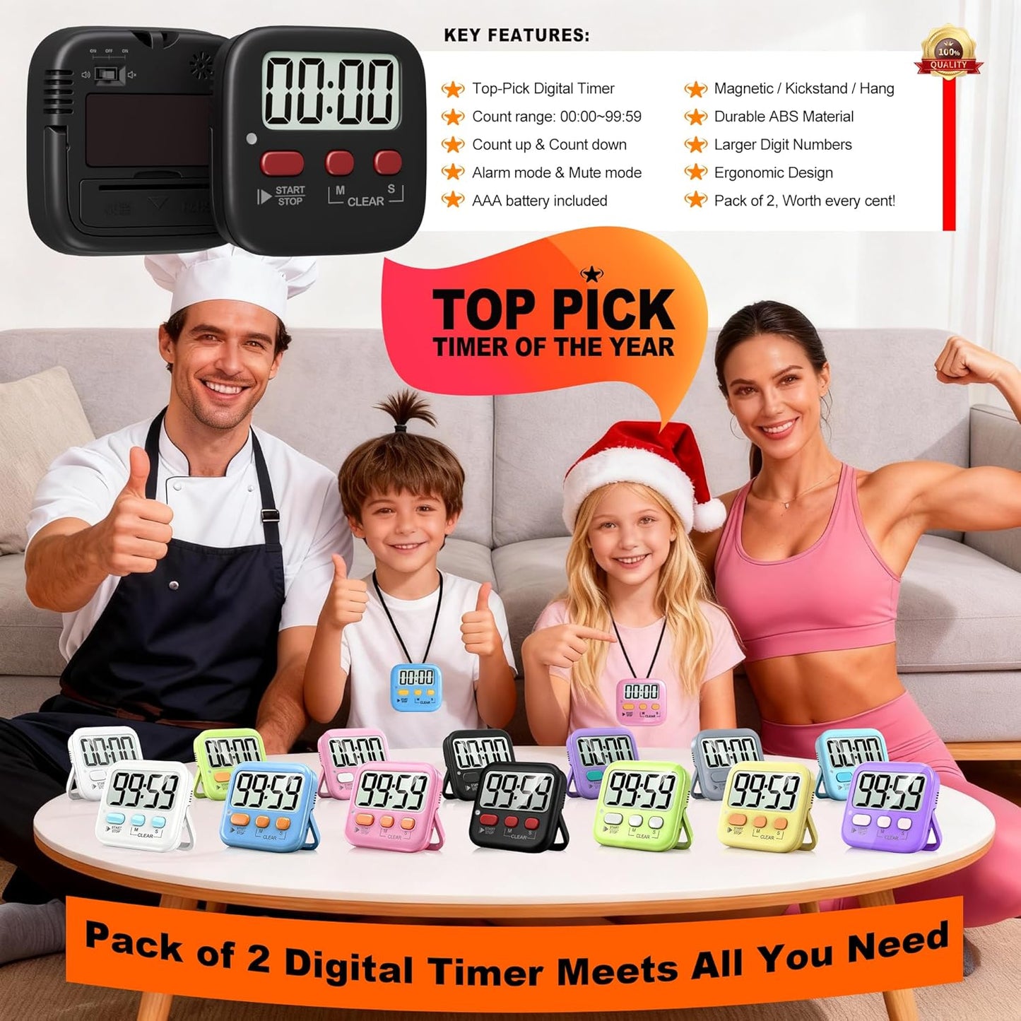 2 Pack Digital Timer for Kids Classroom Kitchen Timers for Cooking | Compact, Easy to View, Alarm/Mute LED Remind, Count Down/Up, Magnetic/Kickstand/Hanging, Classroom Timer for Teacher Supplies