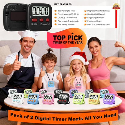 2 Pack Digital Timer for Kids Classroom Kitchen Timers for Cooking | Compact, Easy to View, Alarm/Mute LED Remind, Count Down/Up, Magnetic/Kickstand/Hanging, Classroom Timer for Teacher Supplies