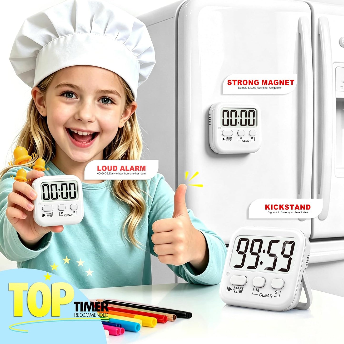 2 Pack Digital Timer for Kids Classroom Kitchen Timers for Cooking | Compact, Easy to View, Alarm/Mute LED Remind, Count Down/Up, Magnetic/Kickstand/Hanging, Classroom Timer for Teacher Supplies