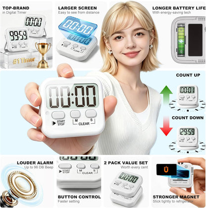 2 Pack Digital Timer for Kids Classroom Kitchen Timers for Cooking | Compact, Easy to View, Alarm/Mute LED Remind, Count Down/Up, Magnetic/Kickstand/Hanging, Classroom Timer for Teacher Supplies