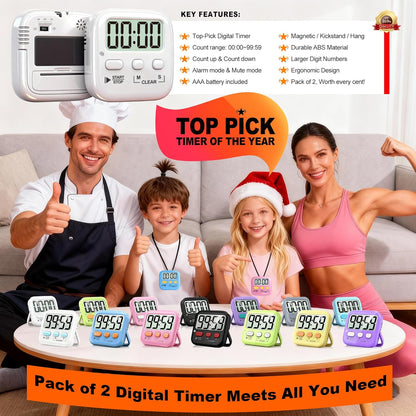 2 Pack Digital Timer for Kids Classroom Kitchen Timers for Cooking | Compact, Easy to View, Alarm/Mute LED Remind, Count Down/Up, Magnetic/Kickstand/Hanging, Classroom Timer for Teacher Supplies