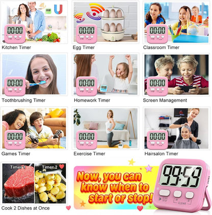 2 Pack Digital Timer for Kids Classroom Kitchen Timers for Cooking | Compact, Easy to View, Alarm/Mute LED Remind, Count Down/Up, Magnetic/Kickstand/Hanging, Classroom Timer for Teacher Supplies