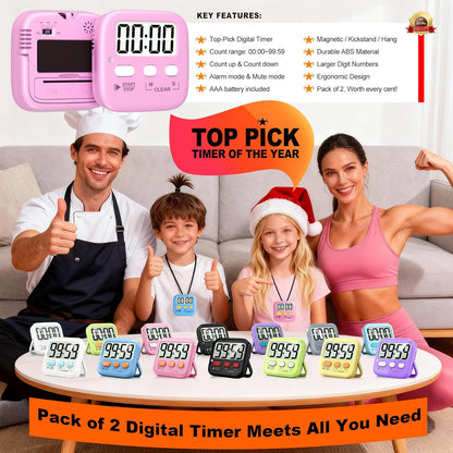 2 Pack Digital Timer for Kids Classroom Kitchen Timers for Cooking | Compact, Easy to View, Alarm/Mute LED Remind, Count Down/Up, Magnetic/Kickstand/Hanging, Classroom Timer for Teacher Supplies