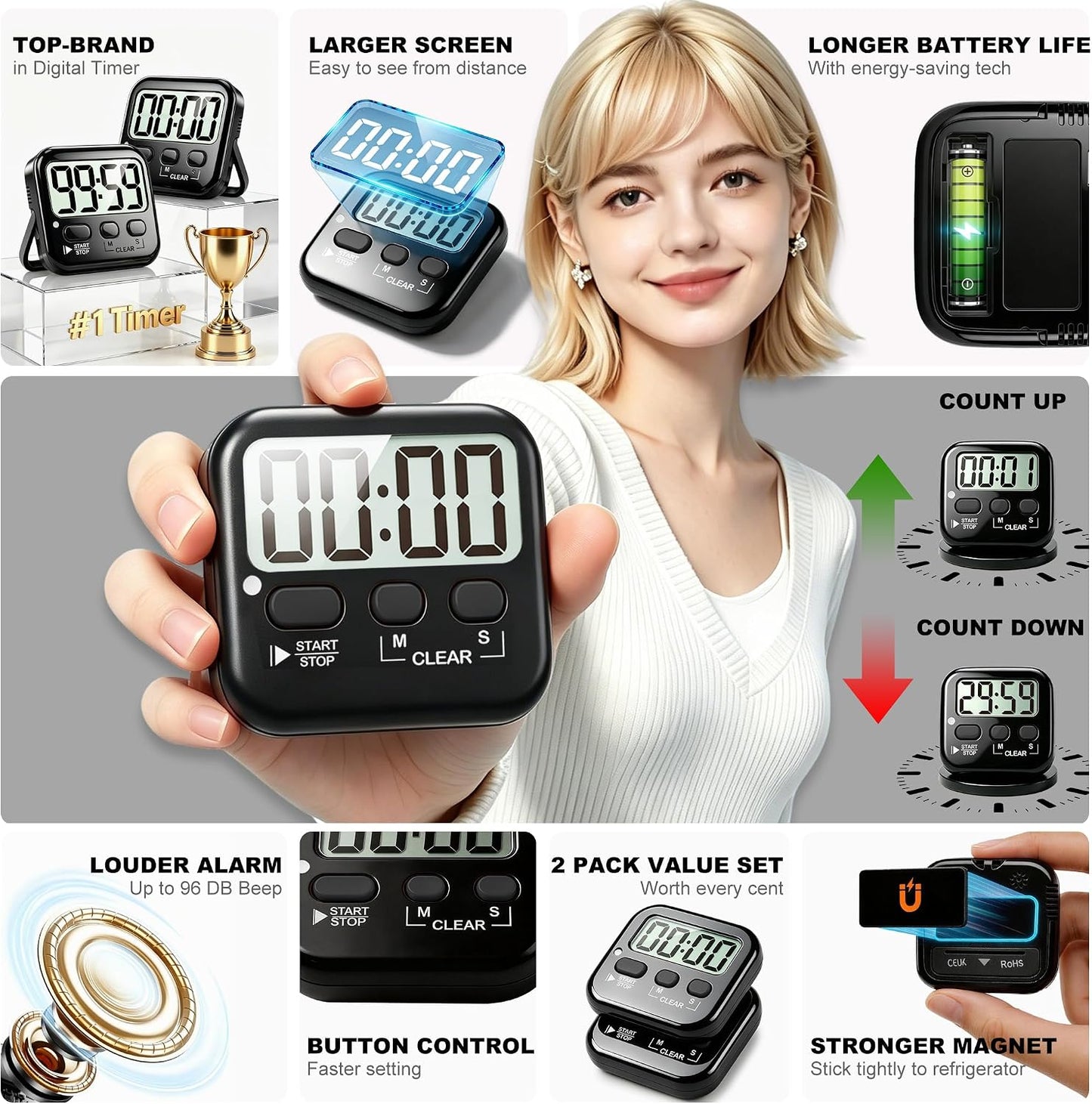 2 Pack Digital Timer for Kids Classroom Kitchen Timers for Cooking | Compact, Easy to View, Alarm/Mute LED Remind, Count Down/Up, Magnetic/Kickstand/Hanging, Classroom Timer for Teacher Supplies